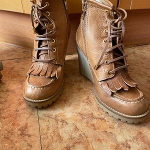 Tory Burch wedge lace up leather ankle boots